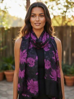 EGYPT Black Purple Floral Rectangular Scarf Semi Sheer Burnout Wrap Shayla Hijab